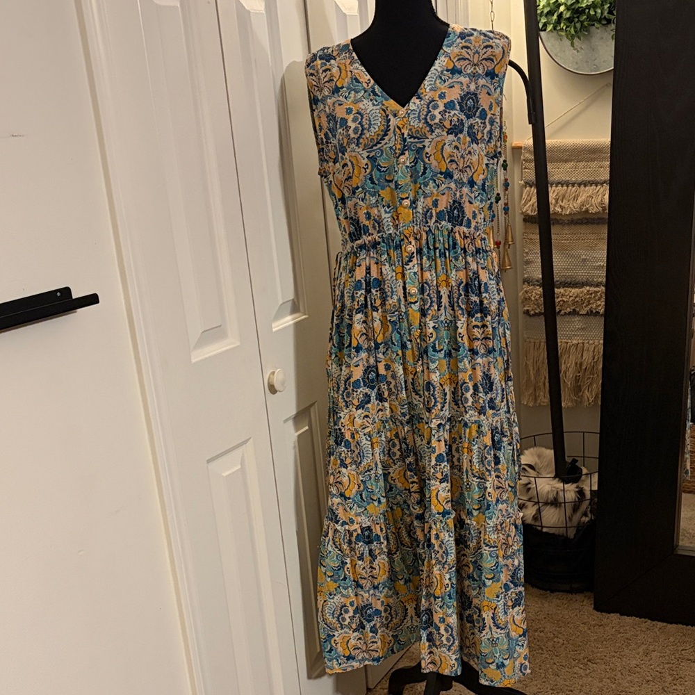 Tyler Boe Silk Floral Sleeveless Dress - Blue and Yellow - Picture 1 of 7